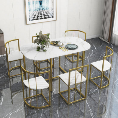 Modern 7-Piece Dining Table Set with Faux Marble Compact Kitchen Table Set for 6