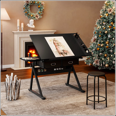 Adjustable Drawing Drafting Table with 2 Drawers and Stool, Ideal for Home Office and School Use