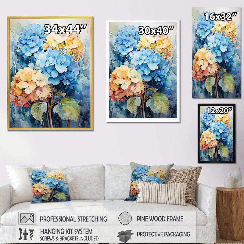 Hydrangea Blooms en bleu et jaune, reproduction sur toile, Cadre naturel flottant, H 20 po x l 12 po x P 1 po