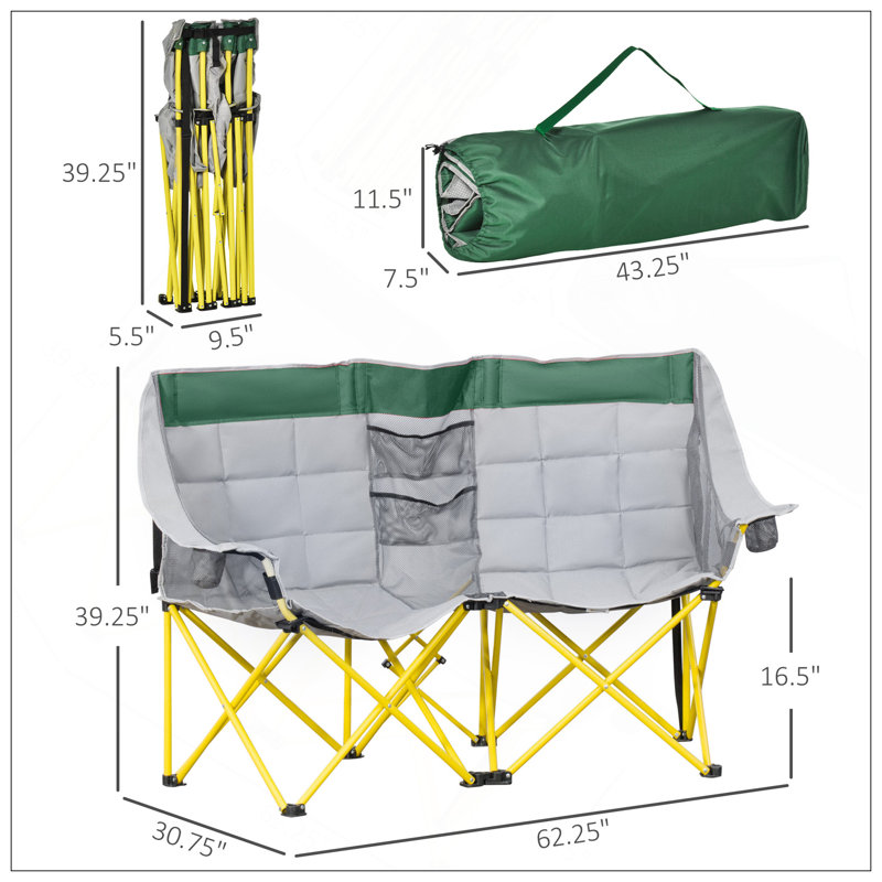 Loveseat Style Camping Chair, Oversized Folding Lawn Chair With Carry Bag & Cup Holders, For Outdoor, Beach, Picnic, Hiking, Travel