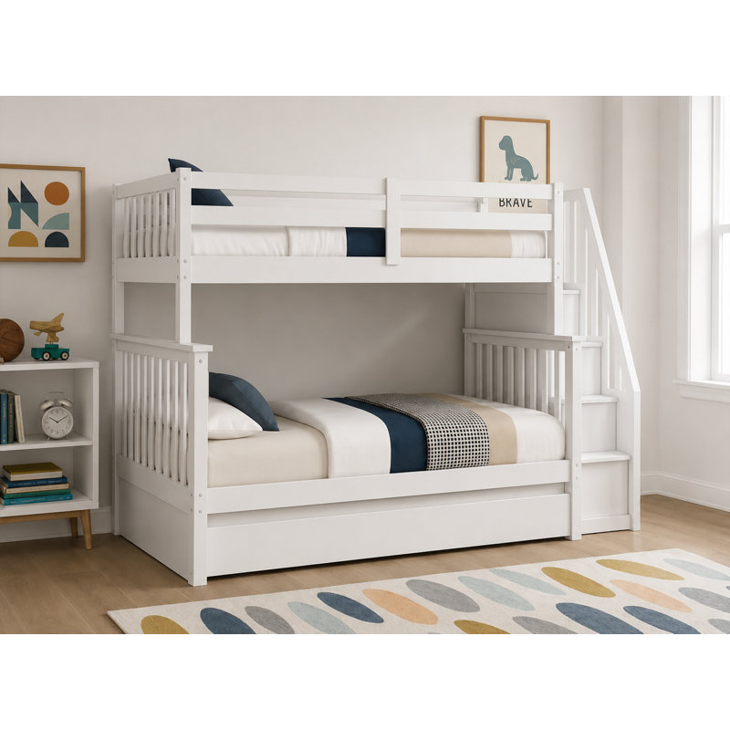 Lit simple superposé au dessus d'un lit double avec lit gigogne et rangement, aucun sommier requis, blanc, Blanc