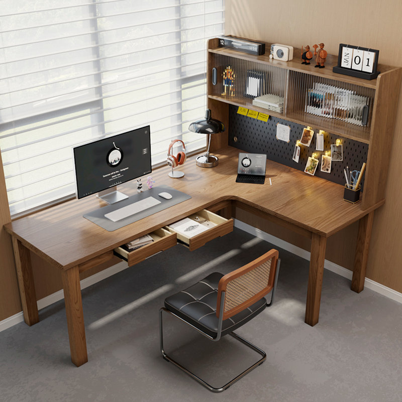 Combinaison de bureau et d'étagère en L en bois massif, H 70,87 po x l 62,99 po x P 47,24 po