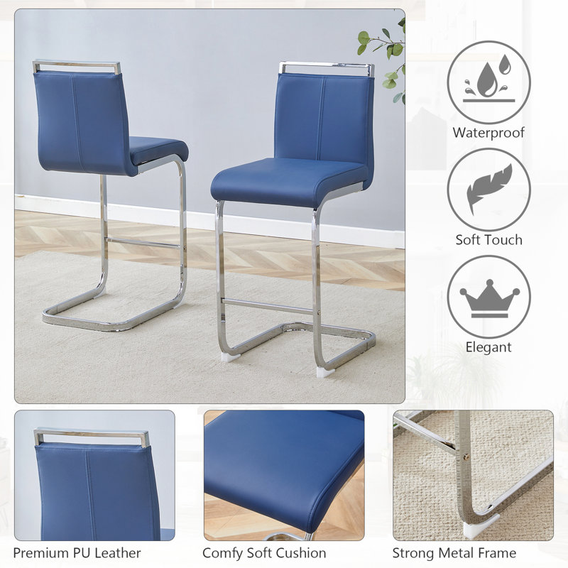 25'' Upholstered Counter Stool, Blue, Counter Stool (25” Seat Height), Chrome