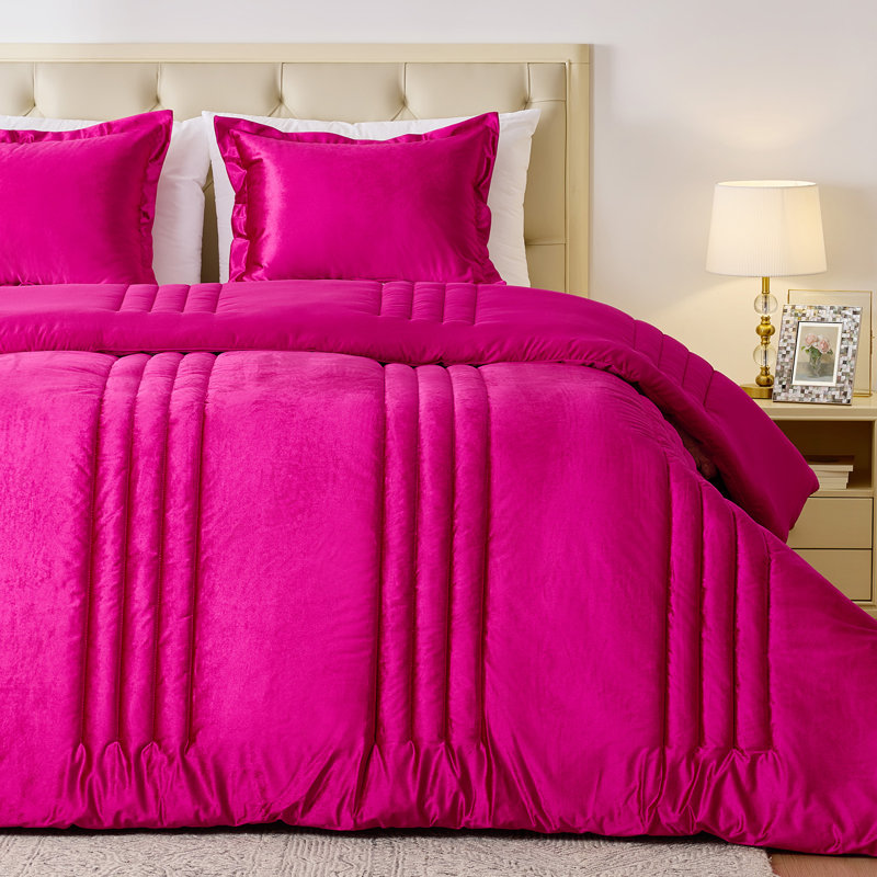 Luxury Velvet Bedding Comforter Sets 3 Pieces. Lightweight fluffy and soft velvet comforter set, HotPink, King