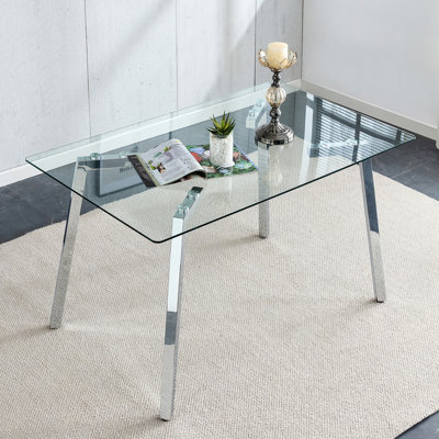Table de salle à manger en verre moderne et minimaliste pour 4 à 6 personnes avec plateau en verre trempé de 0,31 po et pieds en métal plaqué, bureau de table d'écriture, pour le salon de salle à manger de cuisine, l 51 po x P 31 po x H 30 po