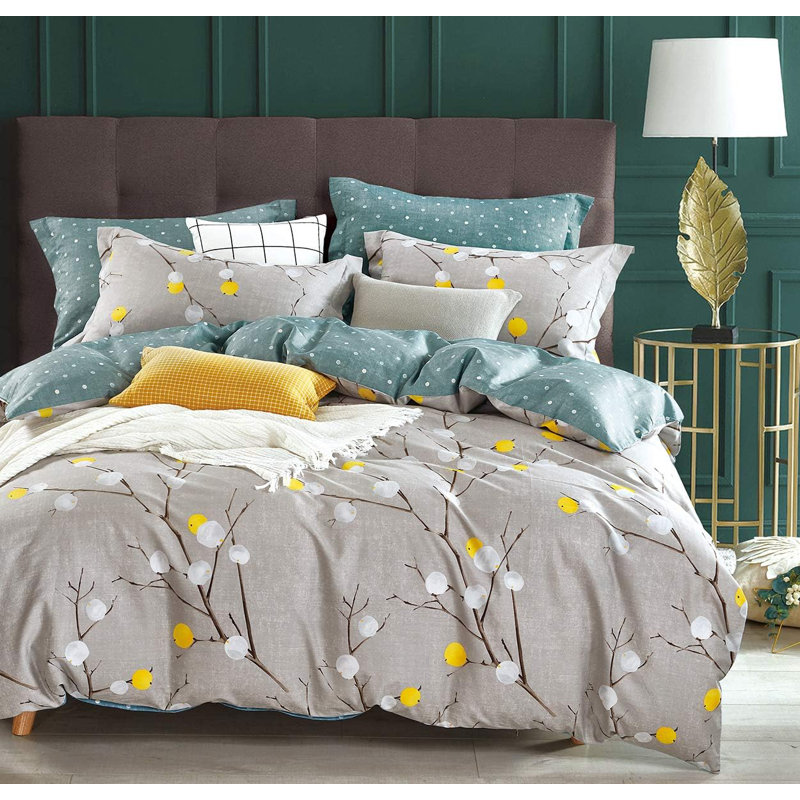 SLEEPBELLA Duvet Cover King, 600 Thread Count Cotton Grey Branch With Yellow Turquoise Polka Dot Pattern Green Reversible Comforter Cover