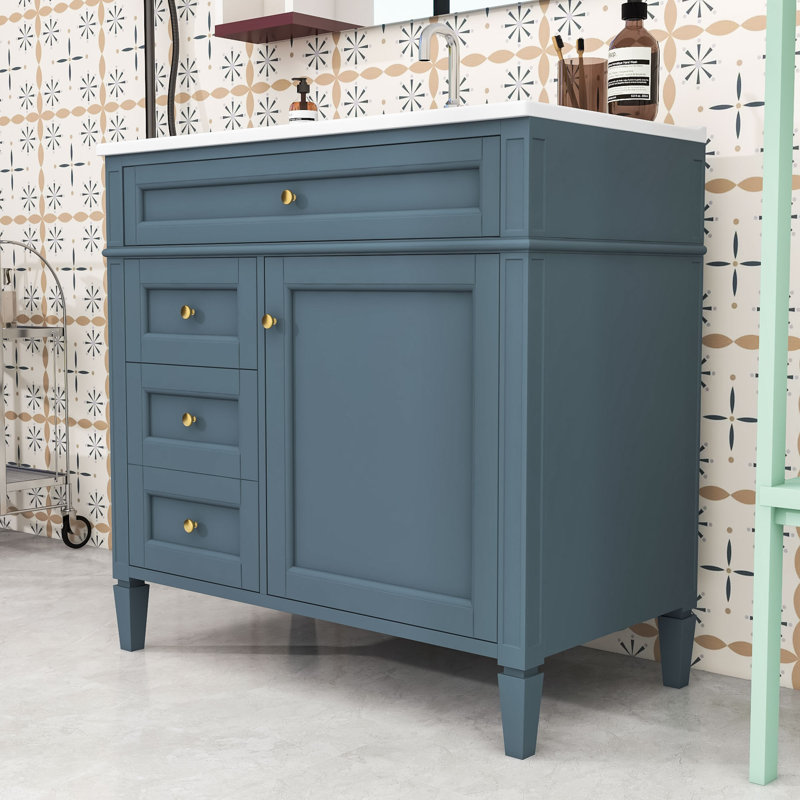 Dzenan Wood Bathroom Vanity with Sink, Cabinet with Adjustable Shelves and Soft-Close Drawers, Indigo Blue
