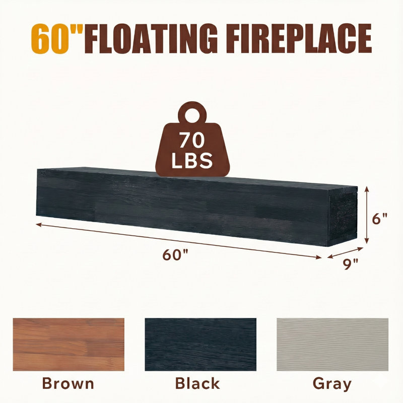 60" Solid Wood Fireplace Mantel, Floating Shelves, 60", Black