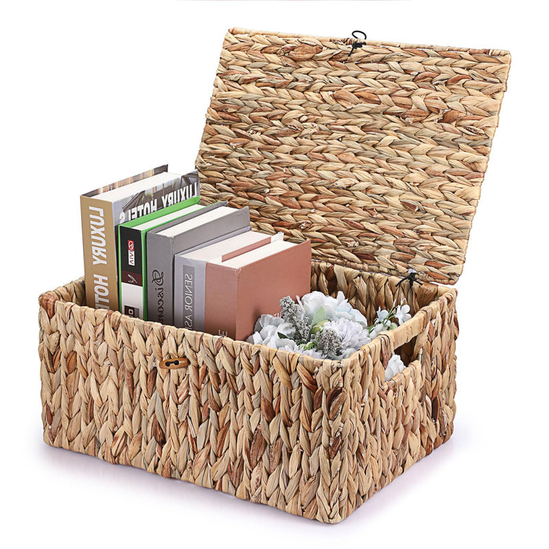 Wicker Storage Bins With Lid, X-Large Handwoven Water Hyacinth Wicker Baskets Rectangular Decorative Shelf Baskets Bin Built-In Handles Household Basket Boxes For Shelf Home Organizing