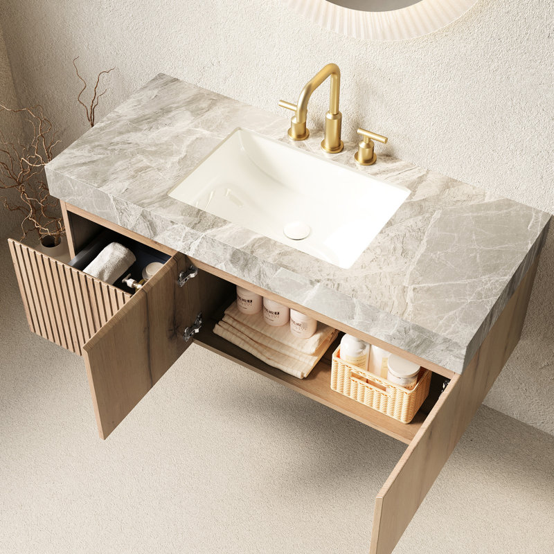 Meuble-lavabo 48 po avec comptoir en pierre frittée grise, vasque en céramique, armoire en contreplaqué, 2 portes et 1 tiroir, pré-assemblé, glissières de tiroir durables, comptoir de style flottant, 3 trous de robinet,