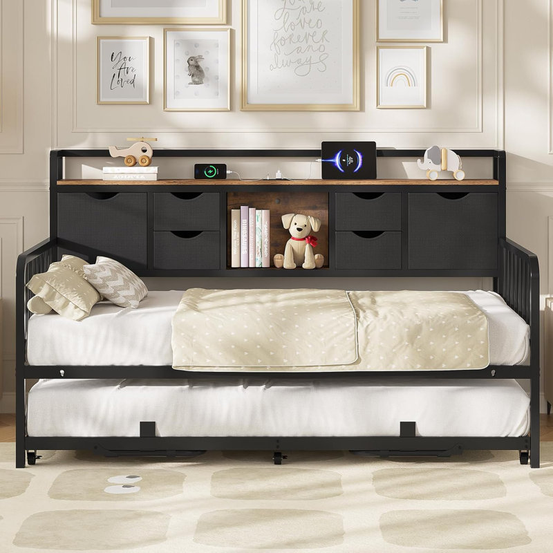 Daybed With Trundle, Twin Day Bed With Storage Headboard & Charging Station, Height Adjustable Metal Trundle Bed Twin, Sofa Bed Frame For Living Room