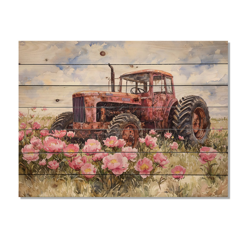 Été fleurs sauvages par le vieux tracteur II - décoration murale en bois de fleurs sauvages - sur bois de pin naturel