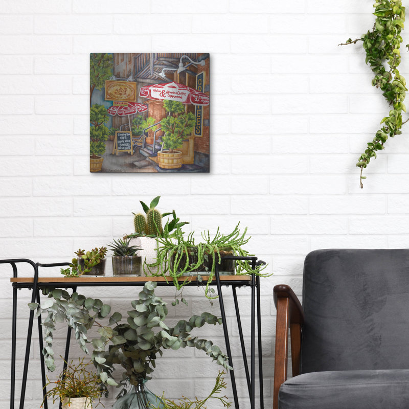 Red Barrel Studio® «Cafe Cupping Room Ext Summer» par Andrea Strongwater, art mural en métal, H 12 po x l 12 po