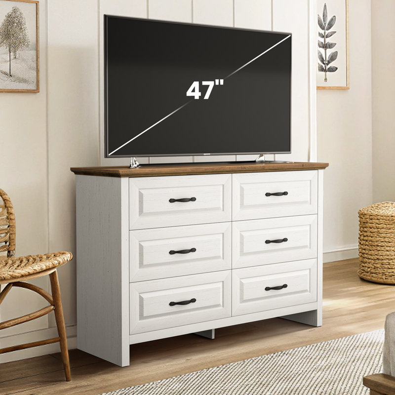 Commode 6 tiroirs, commode en bois de 47 po de largeur avec poignées de bar pour la chambre à coucher, le salon, le couloir