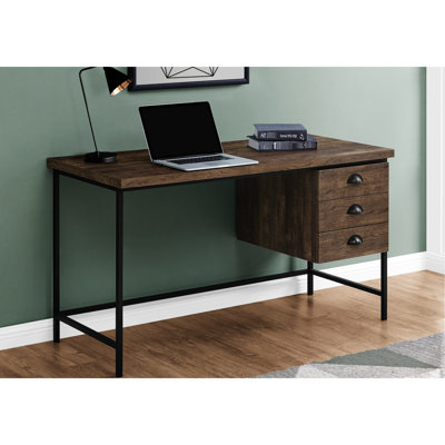 Modern Laptop Work Desk, 55"l, Brown Laminate, Metal, 3 Storage Drawers, Home Office Equipment Computer Desk With Areas, Table, Look
