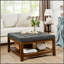 Table basse capitonnée en lin, grand pouf carré avec étagère et cadre en bois de hêtre, repose-pieds surdimensionné pour salon