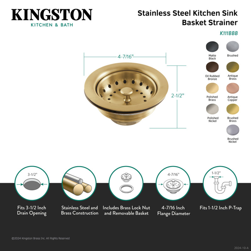 Kingston Brass Tacoma 3-1/2 Inch Kitchen Sink Basket Strainer Only, Polished Nickel