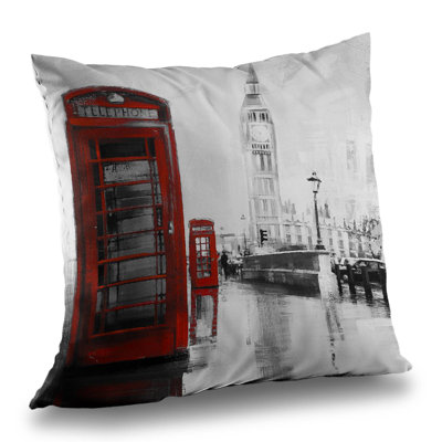 Red phonebooth with Big Ben - Red Cities throw pillow – Poly Twill Throw Pillow with Insert, Double-Sided Print
