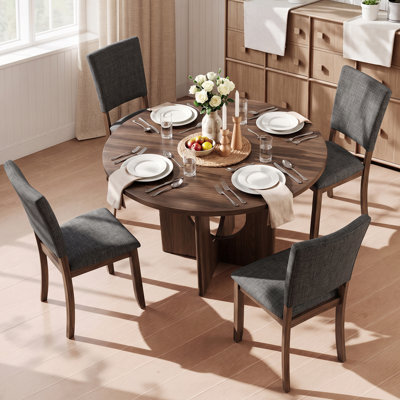 Ensemble de table de salle à manger 5 pièces avec 4 chaises rembourrées et plateau de table rond en bois massif de 47,3 po