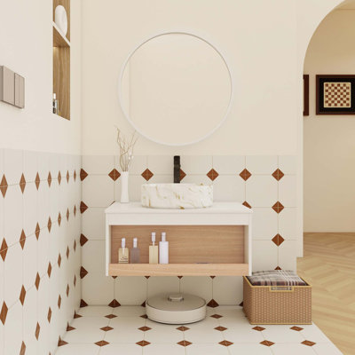 Meuble-lavabo flottant peu encombrant avec vasque en marbre veiné or et rangement ouvert