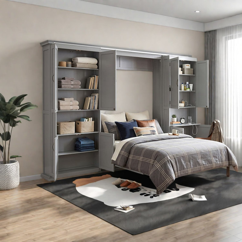 Lit escamotable Queen avec rangement, lit mural moderne en bois MDF gris pour bureau à domicile, Gris