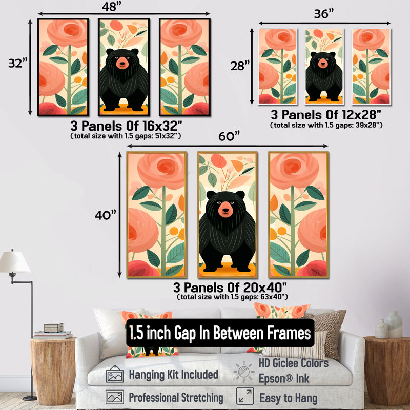«Pink Tropical Bear Harmony III - Bear 2», art mural, H 28 po x l 36 po, Cadre flottant noir