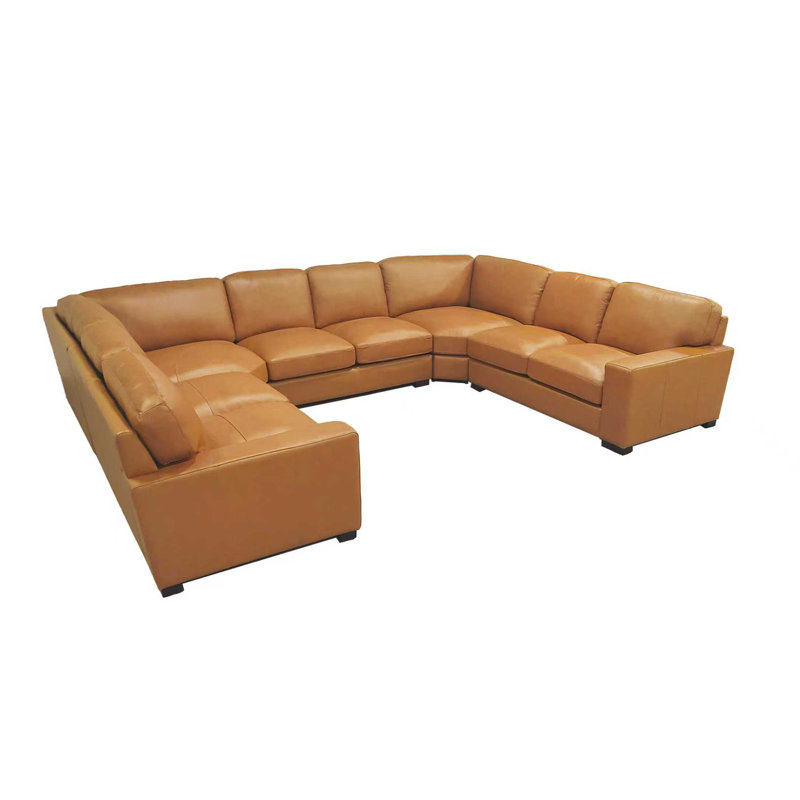 Oversized U-Shaped Brown Geniune Leather Match Sectional Sofa With Deep Seating & Modern Track Arms