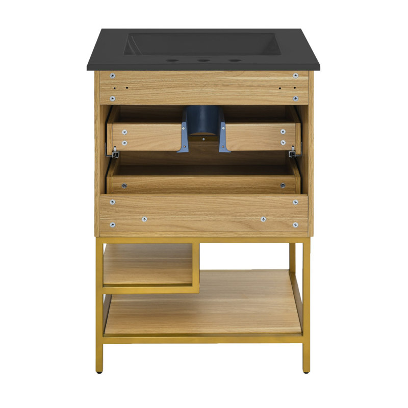 Carre 24 In. White Oak Bathroom Vanity With 3-Hole Ceramic Sink Top, Black