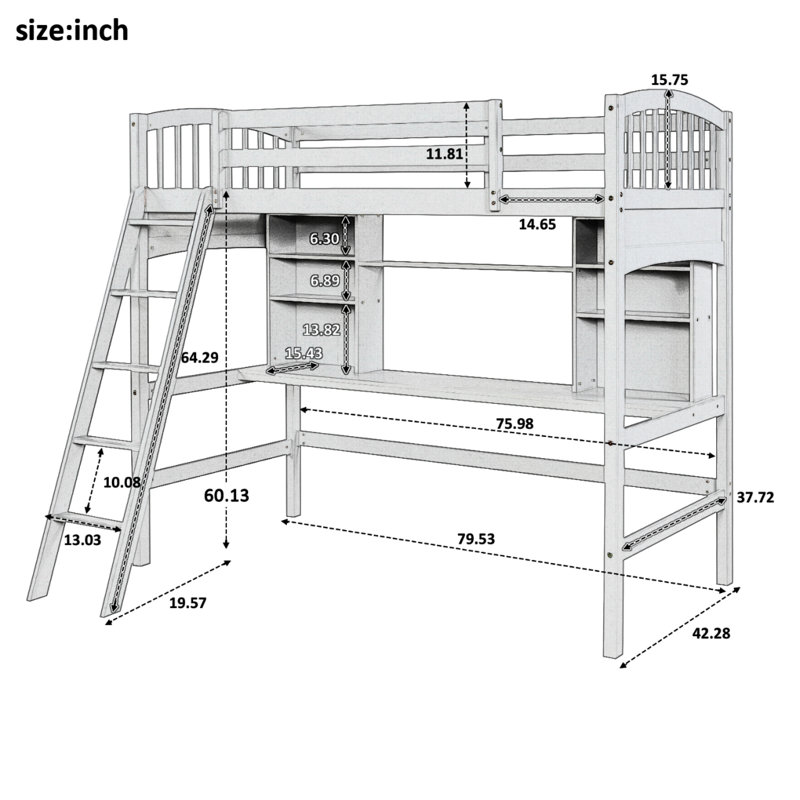 Eztli Kids Twin Loft Bed, Gray
