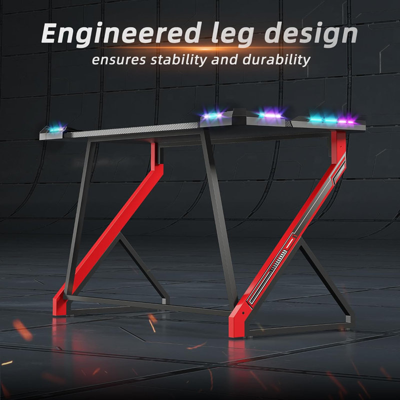 Small Gaming Desk With LED Lights, Computer Desk For Home Small Space, Gaming Table With Carbon Fibre Surface, PC Gamer Desk For Kids