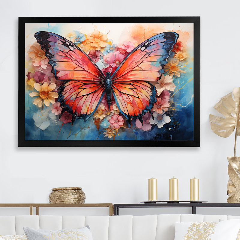 Papillon abstrait Auras II - grand art mural papillon, H 30 po x l 40 po x P 1,5 po, Cadre simple noir