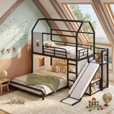 Benedict Playhouse Bunk Bed with Slide, LED Night Light, Privacy Curtain and Movable Storage for Kids