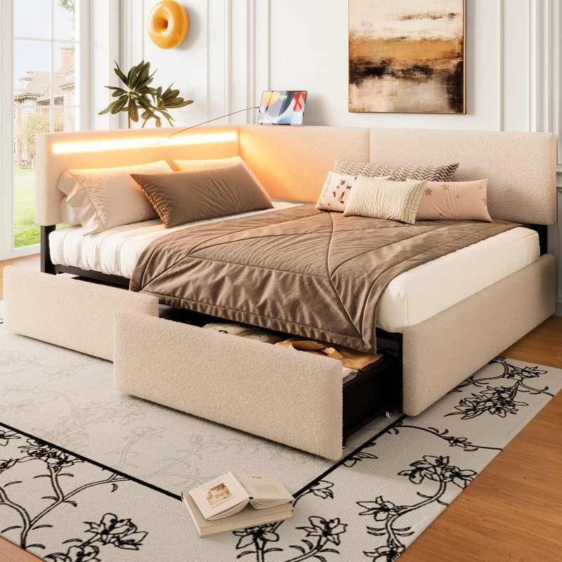 Lit simple simple avec tête de lit tapissier, 2 tiroirs de rangement, chargement, lattes en bois massif, sans sommier, beige, confortable pour les petites pièces, molleton doux, assise ergonomique, esthétique Mid-Century