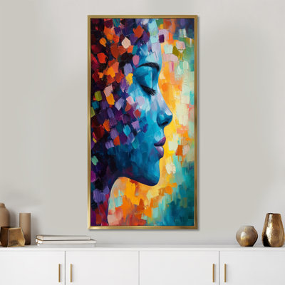 «Blue Yellow Abstract Woman Portrait», reproduction d'art moderne sur toile encadrée