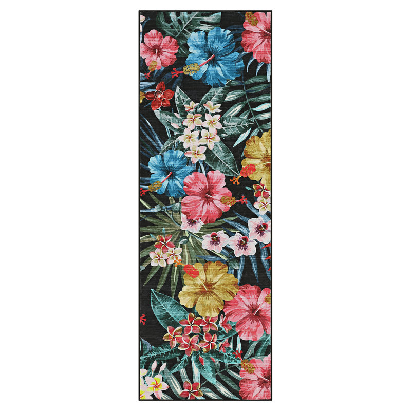 Tapis de salon : Tapis bohème lavable à motif floral pour salon, Black, Tapis de couloir 2 pi x 6 pi