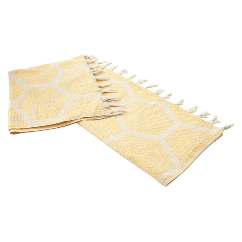 Yellow Honeycomb Pattern Turkish Cotton Throw Blanket with Tassels
