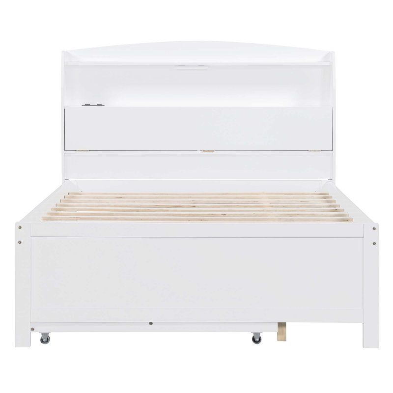 Lit plateforme en bois avec lit gigogne et tête de lit à DEL avec tiroirs, Lit double, Blanc