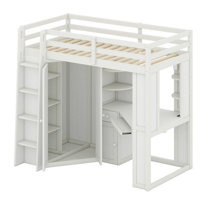 Lit mezzanine tout-en-un avec garde-robe intégré, bureau intégré, plateau à clavier coulissant, centre de chargement et double projecteur