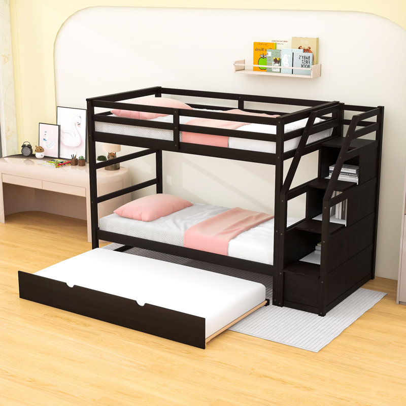 Twin Over Twin Wood Bunk Bed With Twin Trundle, Storage Staircase And Guardrails, Espresso