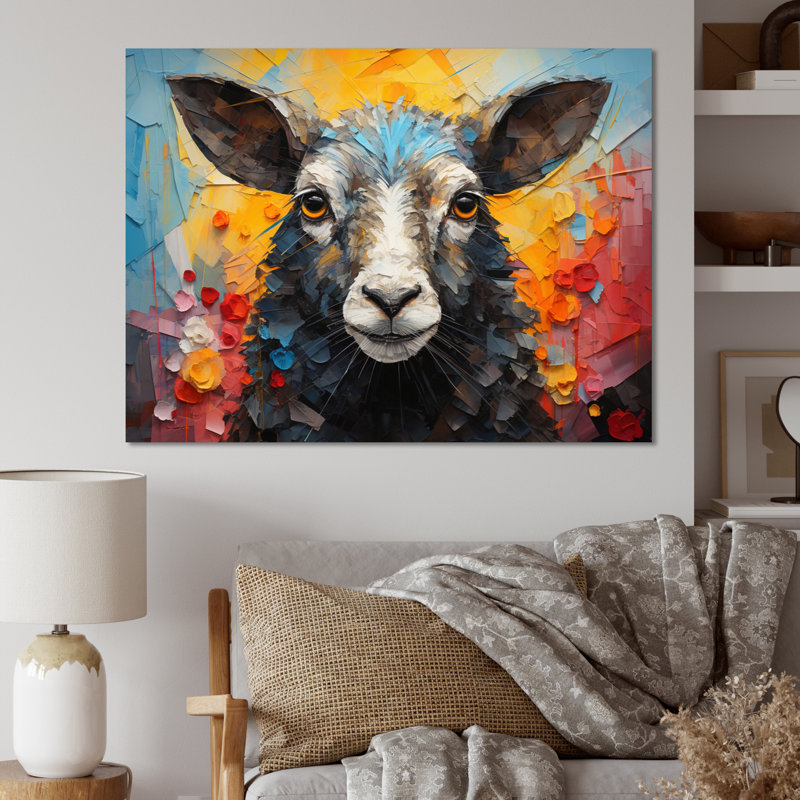 Collage de moutons colorés II sur toile, H 34 po x l 44 po x P 1,5 po, Toile tendue