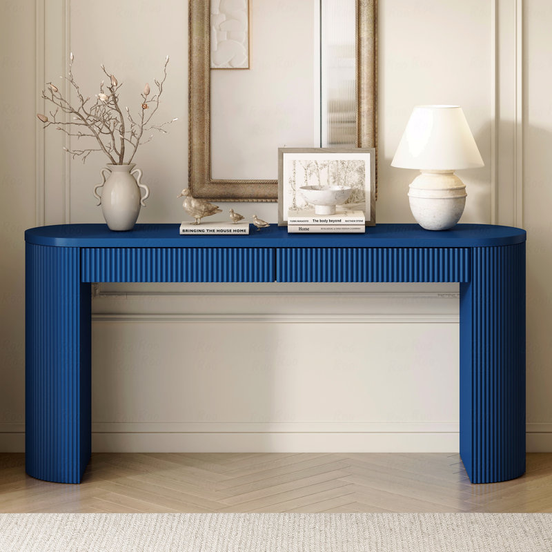58.2" Entryway Console Table With Dual Drawers - Arched Sturdy Legs Stripe Design Pine Veneer Adjustable Feet Sofa, Blue