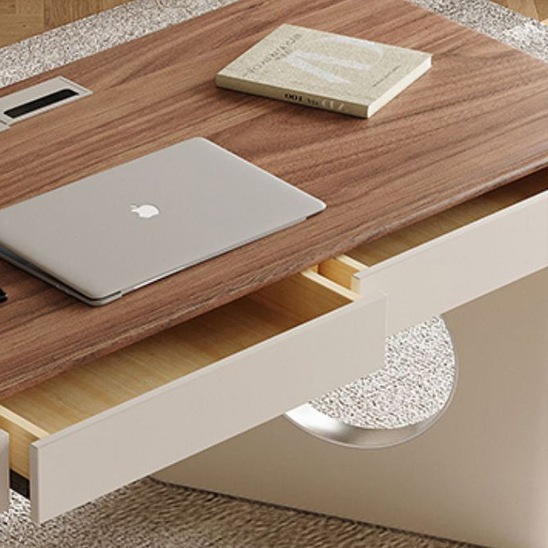 Bureau à 6 tiroirs brun noisette + bois manufacturé rectangulaire blanc + acier inoxydable, Retour à gauche