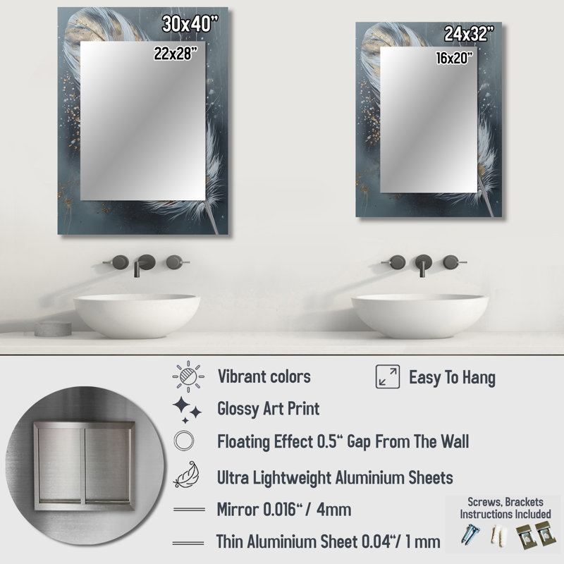 Gold Feather Wanderlust II - Glam Feather Decorative Mirror, Gold Wall Mirror, Printed Metal Art, 40" x 30"