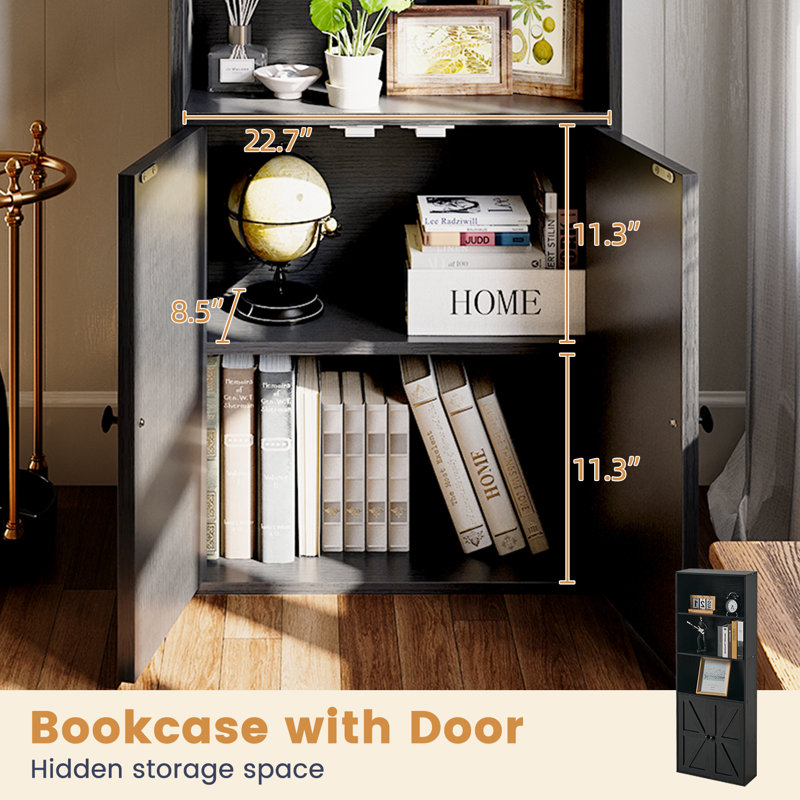 Bibliothèque de rangement avec portes Tiranke, Noir, (5 tablettes) H 59,5 po x l 21,8 po x P 9,3 po