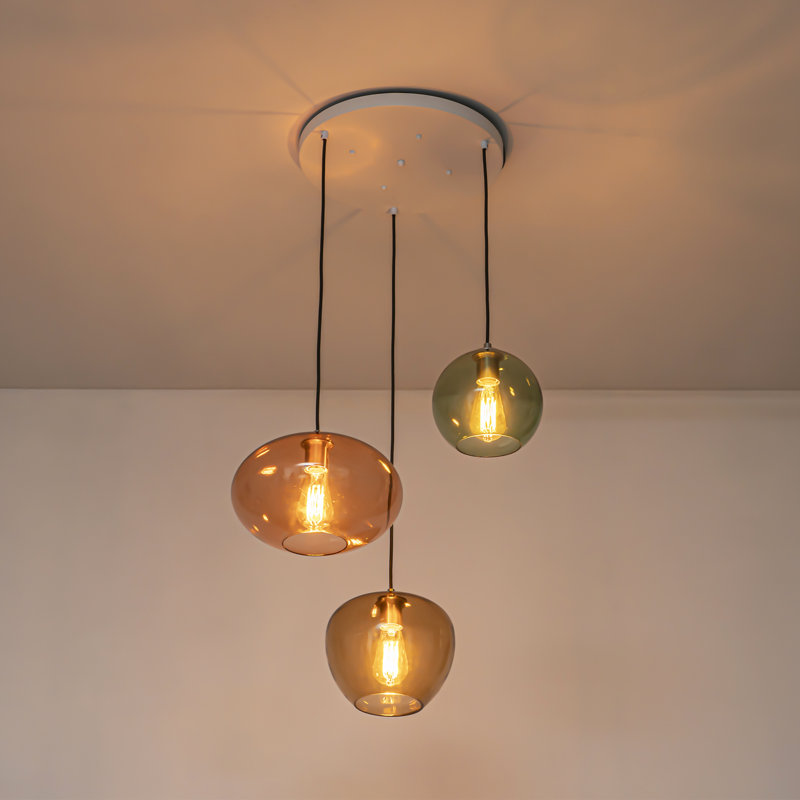  VetroMix  3 - Light Contemporary Vintage Cluster White Pendant Light with Colored Glass Shades