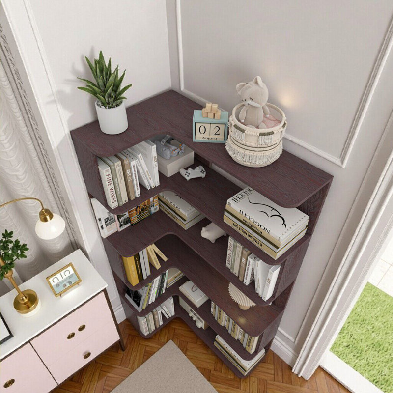 5-Tier L-Shaped Corner Bookcase: Space-Saving Storage Solution, Ox Blood Red