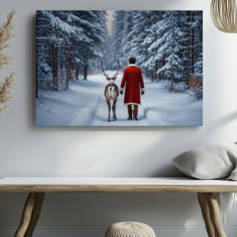 Toile «A Cosy Winter Scene Doté d'une figure dans un art mural rouge avec bordure blanche marchant le long d'un doux renne à travers l'art mural