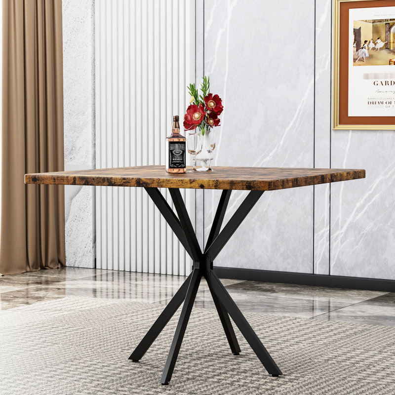 Table de salle à manger carrée pour 4-6, style Mid-Century moderne, 38,6 po x 38,6 po, brun et fer, peu encombrante, facile à assembler et à entretenir