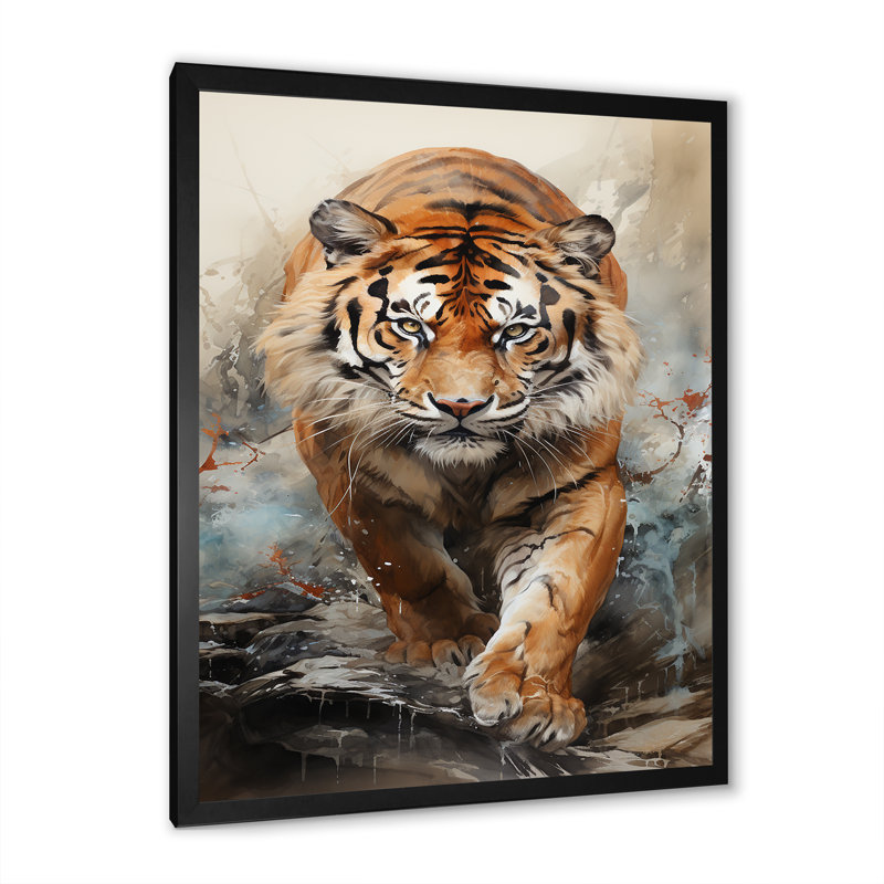 Tigre descendant de la montagne - animaux, impressions sur toile, Cadre photo noir, H 32 po x l 16 po x P 1 po