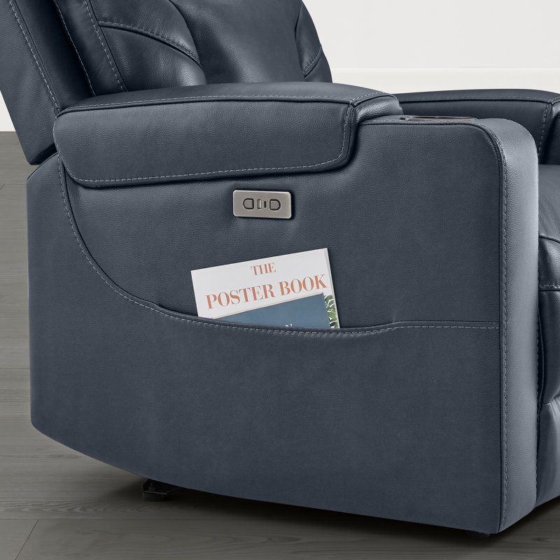 American Modern Power Recliner With Top-Grain Leather, Cup Holders, USB, And Wall Hugger Design, Navy Top Grain Leather